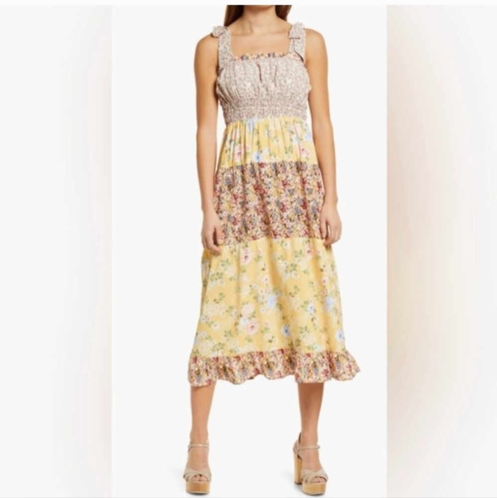 ​Adelyn Rae Patchwork Midi Dress Tiered Cottagecore Floral Smocked Boho Small - Picture 3 of 15